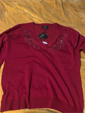 OTTO Deep Red V-Neck Sweater with Beaded Floral Accent